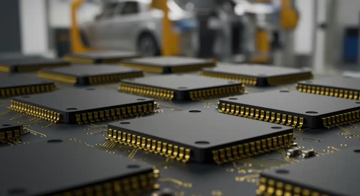 Close-up of semiconductor chips on a circuit board, representing the critical components affected by the global shortage in the automotive sector.