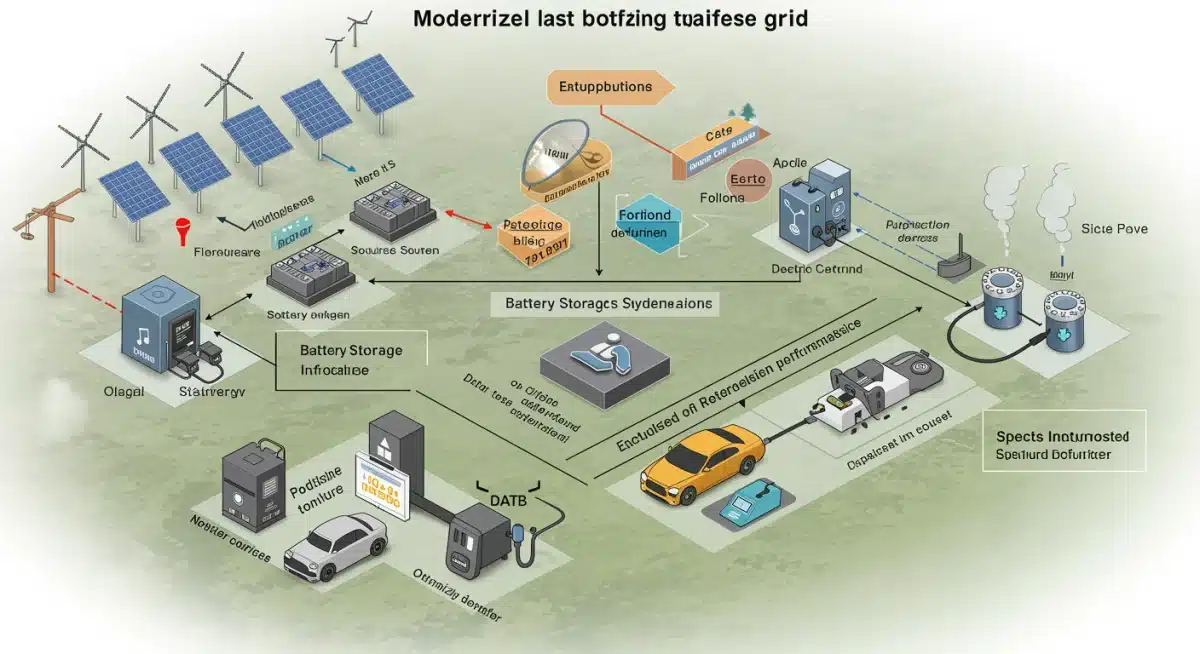 Diagram of smart grid integrating renewables, storage, and EV charging.