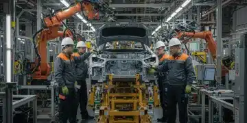 Diverse auto workers assembling electric vehicles in a modern factory