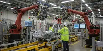 Advanced robotics and AI in a modern US auto manufacturing facility