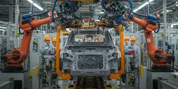 Robotic arms installing advanced safety features on a US auto production line, symbolizing new 2025 regulations.