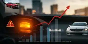 Dashboard with recall warning light and rising graph, symbolizing increased US auto recalls.