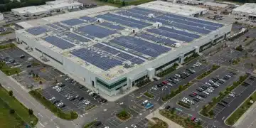 Modern US auto plant with solar panels, EV charging stations, and green landscaping.