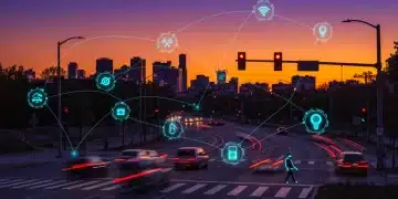 V2X communication network enhancing road safety in a bustling US city by 2025, with connected vehicles and smart infrastructure